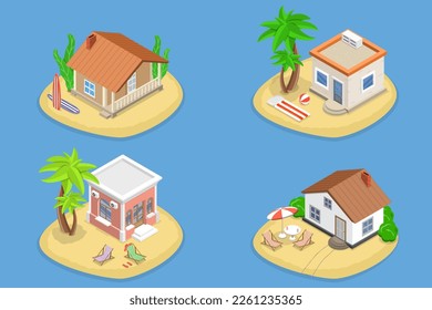 3D Isometric Flat Vector Set of Bungalows, Dwelling Huts, Tropical Cottages