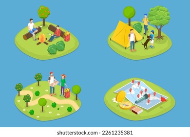 3D Isometric Flat Vector Set of Trail Adventures, Tourist Camping or Trekking Activity