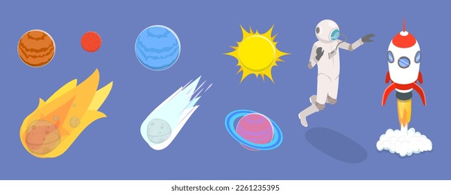 3D Isometric Flat Vector Set of Outer Space Elements, Astronomical Scientific Research