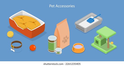 3D Isometric Flat Vector Set of Pet Accessories, Pet Shop Products