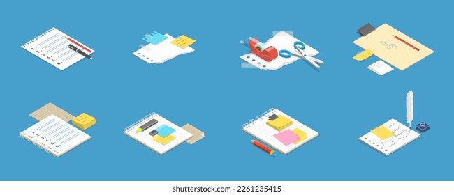 3D Isometric Flat Vector Set of Notes and Paper Stationeries, Organizers for Making Writing Notes