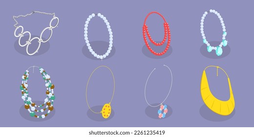 3D Isometric Flat Vector Set of Necklaces, Gemstones and Precious Accessorizes