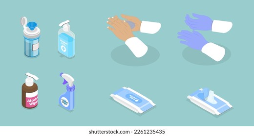 3D Isometric Flat Vector Set of Sanitizers, Personal Protective Equipment