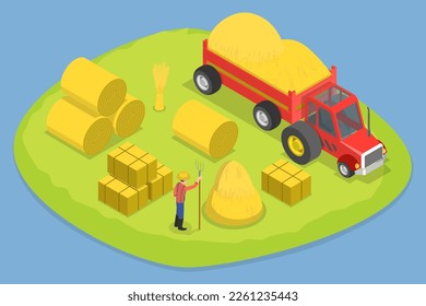 3D-Isometrisches Flachbild-Vektorset aus Strohhalmen, Landwirtschaft und Landwirtschaft