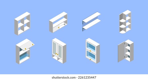 3D Isometric Flat Vector Set of Kitchen Cabinets, Empty Wooden Storages and Shelves