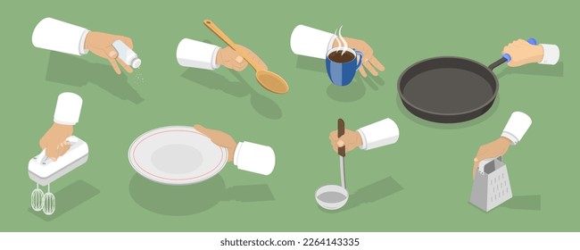 3D Isometric Flat Vector Set of Hands Holding Kitchen Utensils, Kitchen Tools