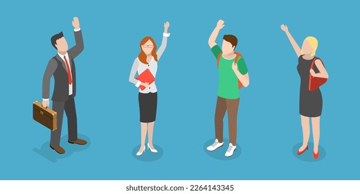 3D Isometric Flat Vector Set of People with Hi Hand Gesture, Greeting or Saying Hello