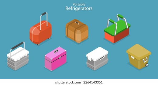 3D Isometric Flat Vector Set of Portable Refrigerators, Cooler Boxes