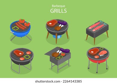3D Isometric Flat Vector Set of Barbecue Grills, BBQ Tool and Equipment