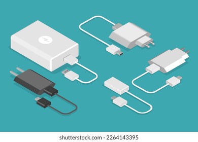 Juego de vectores planos isométricos 3D de cargadores de teléfono móvil, equipo Powerbank y de carga