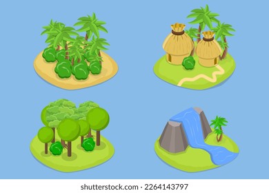3D Isometric Flat Vector Set of Islands, Different Natural Landscapes