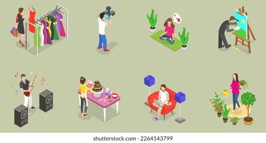 3D Isometric Flat Vector Set of People Hobbies, Favorite Activities and Relaxation