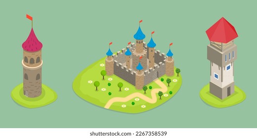 3D Isometric Flat Vector Set of Medieval Castles, Fortresses and Towers