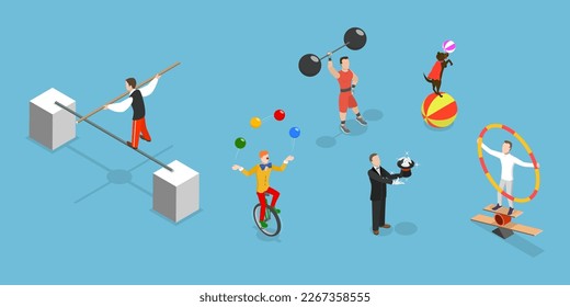 3D Isometric Flat Vector Set of Circus Characters, Clown, Strongman, Acrobats, Trained Animals, Hooper, Juggling Unicyclist