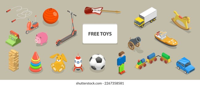 3D Isometric Flat Vector Set of Free Toys, Kids Charity and Donation