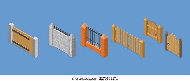 3D-Isometrisches Flachbild-Vektorset für TerrassenZäune und Tore, architektonische EAußenelemente