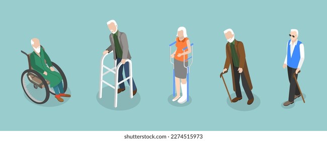 3D Isometric Flat Vector Set of Disabled Senior People, Characters with Disability