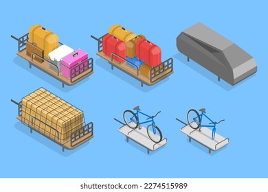 3D Isometric Flat Vector Set of Car Roof Storage, Transporting Bicycles