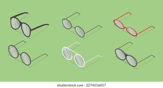 3D Isometric Flat Vector Set of Eyeglasses, Classic and Modern Style