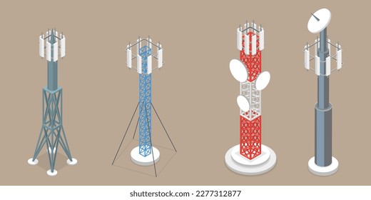 3D Isometric Flat Vector Set of Telecom Towers, Communicating Radio Constructions