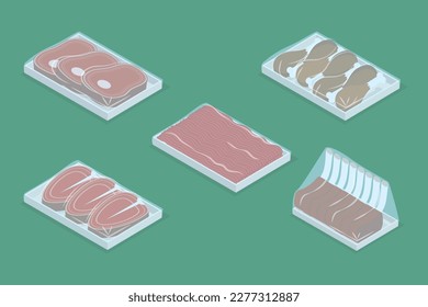 3D Isometric Flat Vector Set of Frozen Meat, Vacuum-packaged Food