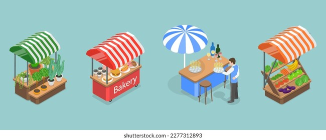 3D Isometric Flat Vector Set of Fair Kiosks, Market Stalls