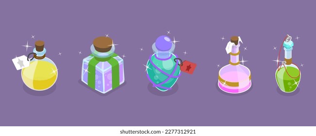 3D Isometric Flat Vector Set of Magic Potions, Bottles with Alchemist Elixir