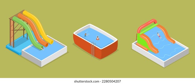 3D Isometric Flat Vector Set of Aquapark Scenes, Summer Fun at Pool