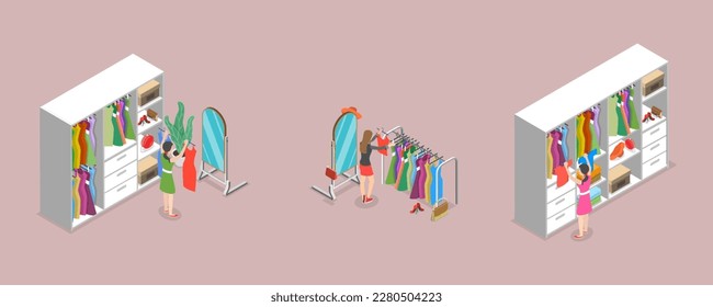 3D Isometric Flat Vector Set of Wardrobes, Clothing Organization or Storage