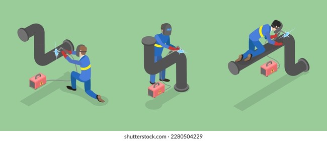 3D Isometric Flat Vector Set of Welder Workers, Professional in Protective Mask and Gloves