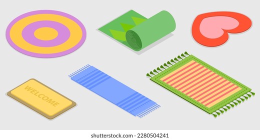 3D Isometric Flat Vector Set of Carpets, Cozy Home Textile Decorative Elements