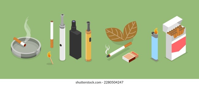 3D Isometric Flat Vector Set of Smoker Collection, Smoking Attributes and Tobacco Products