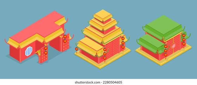 3D Isometric Flat Vector Set of Chinese Temples, Traditional Architecture