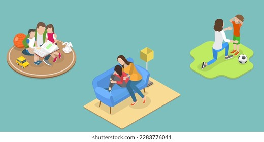 3D Isometric Flat Vector Set of Parent Support Scenes, Happy Loving Families