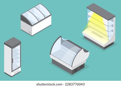 3D Isometric Flat Vector Set of Commercial Display Refrigerators, Retail Shop or Supermarket Equipment