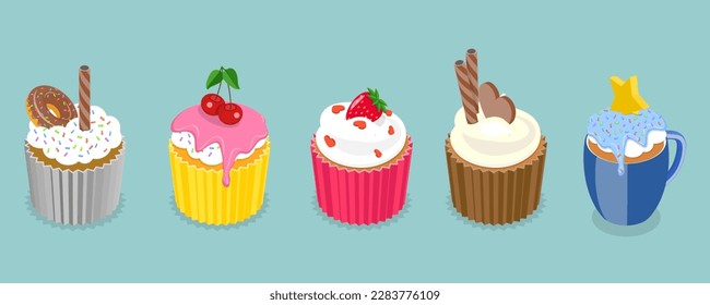 3D Isometric Flat Vector Set of Sweet Cupcakes, Desserts for Pastry