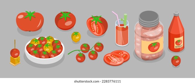 3D Isometric Flat Vector Set of Tomato Elemets and Products, Whole, Half and Slice