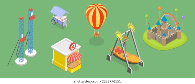 3D Isometric Flat Vector Set of Amusement Park, Architectural Entertainment Elements