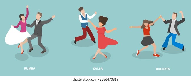 3D Isometric Flat Vector Set of Dancing People, Salsa, Rumba and Bachata