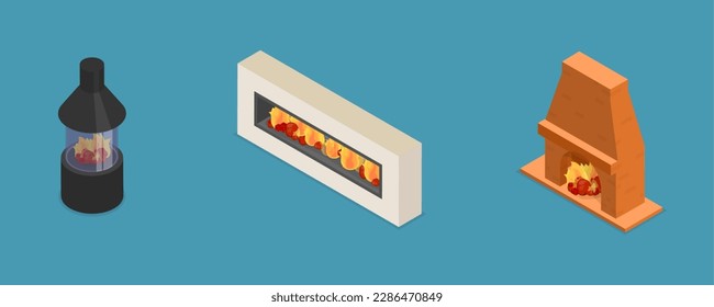 3D Isometric Flat Vector Set of Fireplaces, Firewood Heat Systems