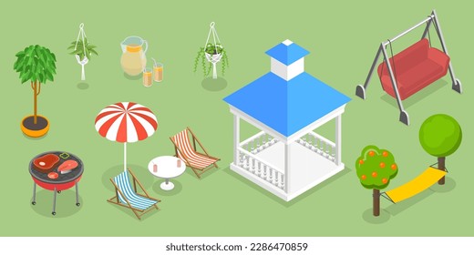 3D Isometric Flat Vector Set of Garden Furniture, Backyard Elements