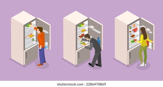 3D Isometric Flat Vector Set of Food In Fridge, People are Check Refrigerator