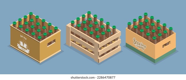 3D Isometric Flat Vector Set of Crates with Beer Bottles, Delivery and Transportation Package