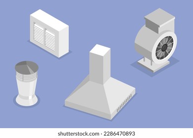 3D Isometric Flat Vector Set of Air Duct System Items, Ventilation, Cooling and Cleaning