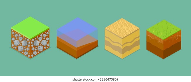 3D Isometric Flat Vector Set of Different Soil Layers, Textured Ground Surfaces