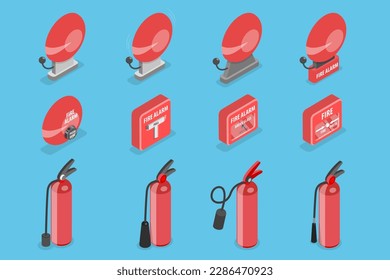 3D Isometric Flat Vector Set of Fire Alarm Equipment, Prevention, Emergency