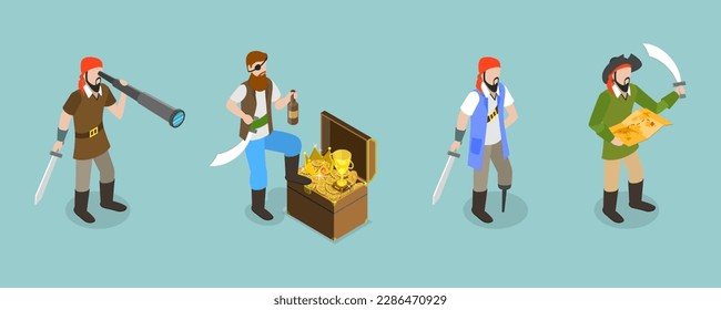 3D Isometric Flat Vector Set of Marine Pirates, Ancient Armed Sailors