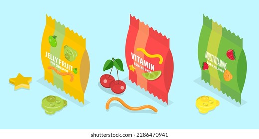 3D Isometric Flat Vector Set of Chewy Jelly, Gummy Candies Packs