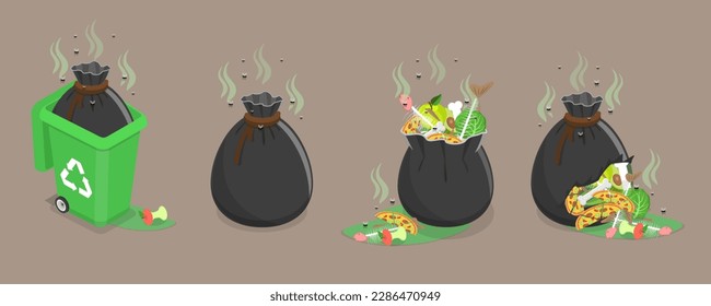 3D Isometric Flat Vector Set of Smelly Trash, Garbage Bags with Rotten Leftovers