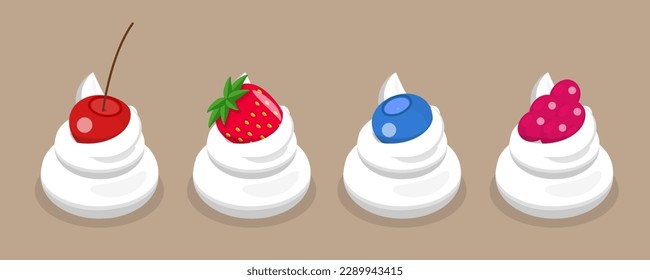 3D Isometric Flat Vector Set of Whipped Cream with Berries, Sweet Desserts